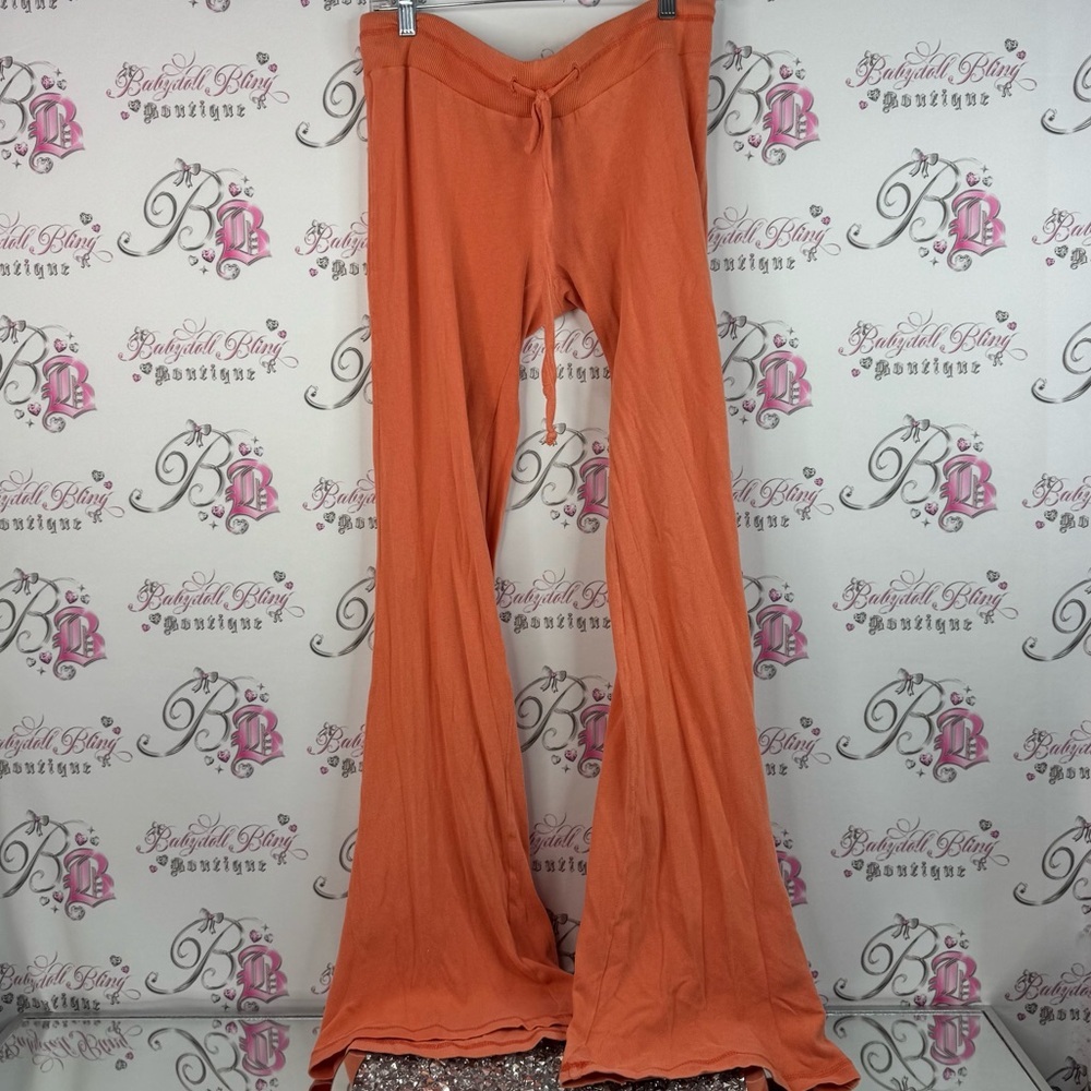 Nicole Miller cashmere pants flare soft bright tie waist Vibrant Orange Knitwear